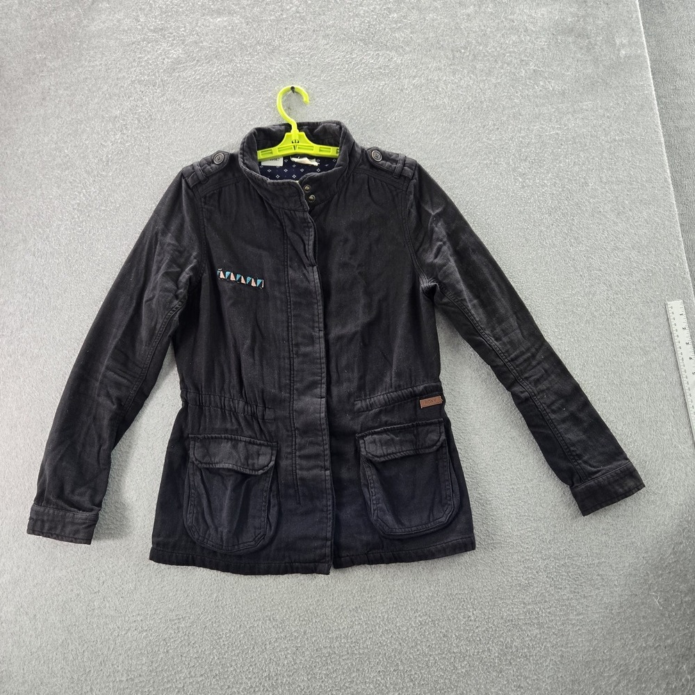 Roxy Women Jacket L Black Embroidery Twill Utility Button Long Sleeve